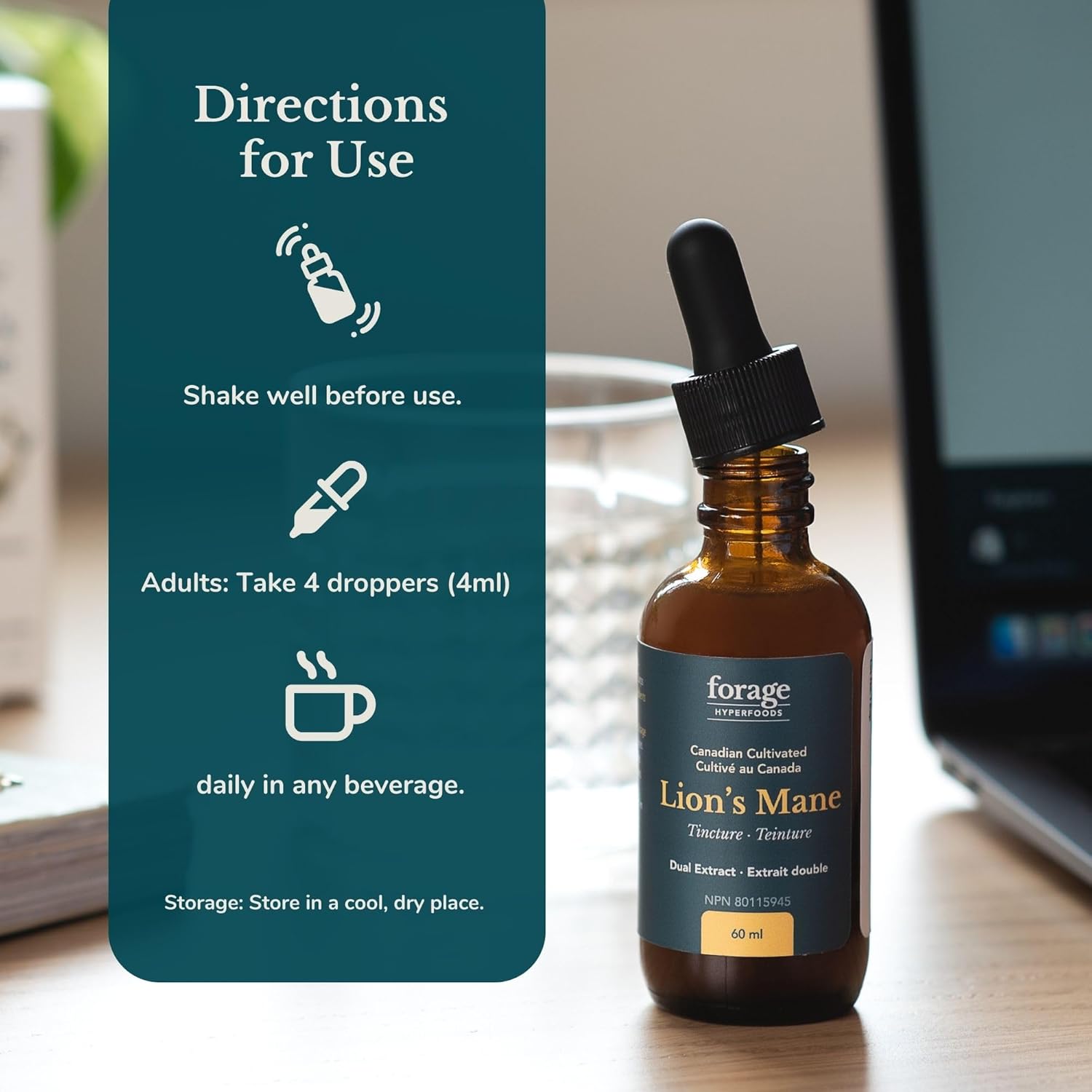 Premium Lion’s Mane Tincture for Memory and Nerve Support, 60ml - Dual Extract Mushroom Supplement by Forage Hyperfoods