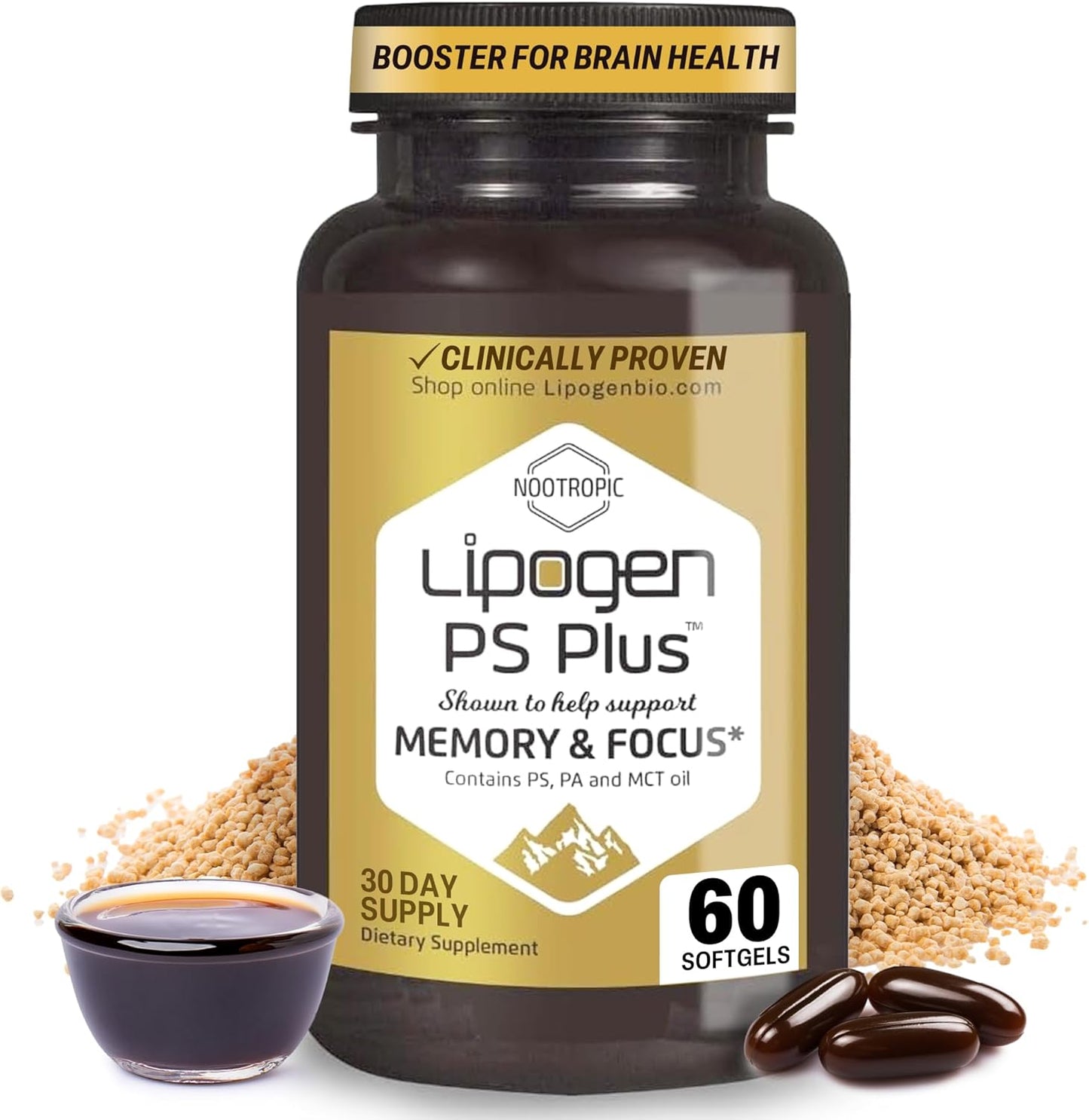 Premium Lipogen PS Plus Brain Supplements - Nootropic for Memory, Focus, and Brain Health - 60 Softgels, One Month Supply