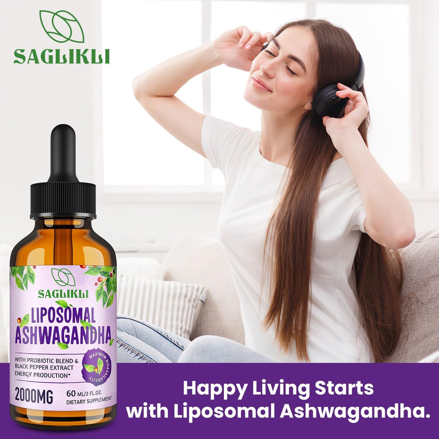 Premium Liposomal Ashwagandha Liquid Drops - 2000mg with 7% Withanolides, Black Pepper Extract & Probiotics - Focus, Cognition & Energy Support - 4 FL.OZ (2 Pack)