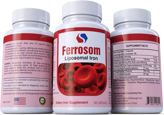 Premium Liposomal Iron Dietary Supplement with Vitamin C, B12, and Folic Acid for New Blood Cell Production | Vegan, Non GMO | 30 Capsules by Siba Pharm