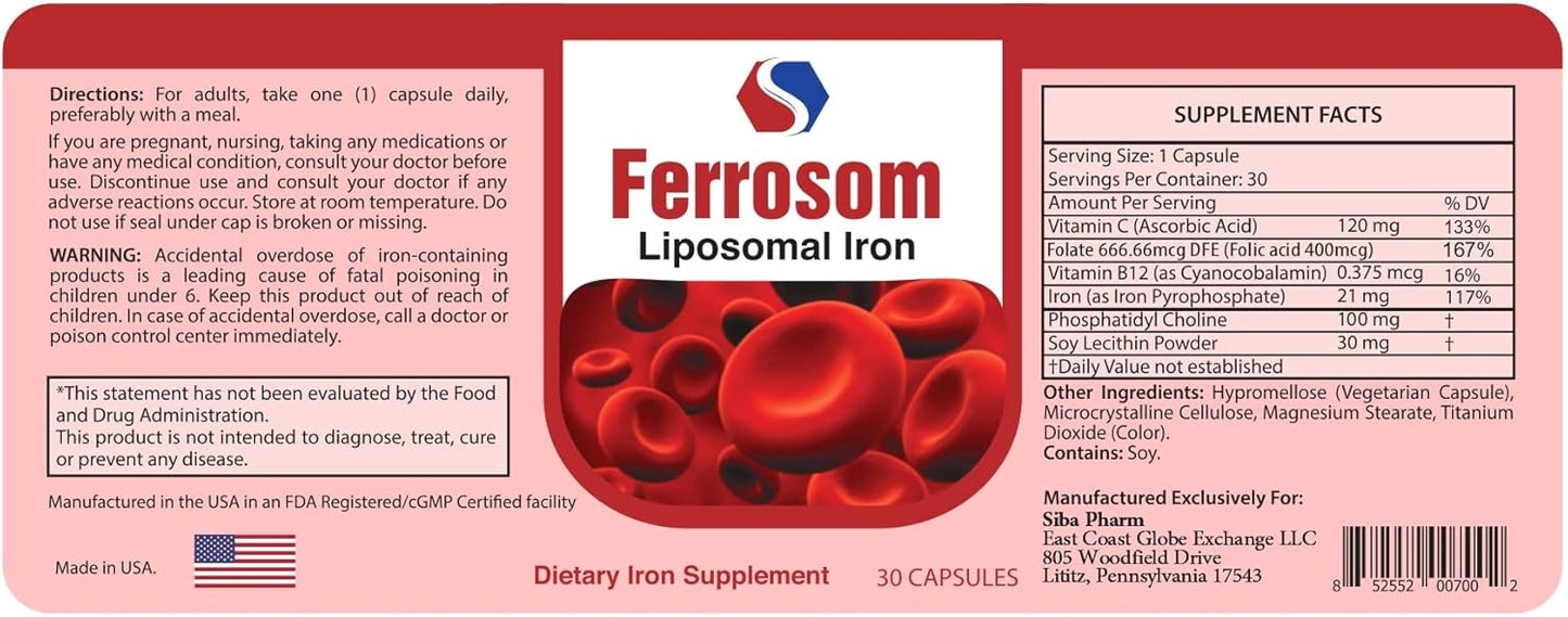 Premium Liposomal Iron Dietary Supplement with Vitamin C, B12, and Folic Acid for New Blood Cell Production | Vegan, Non GMO | 30 Capsules by Siba Pharm