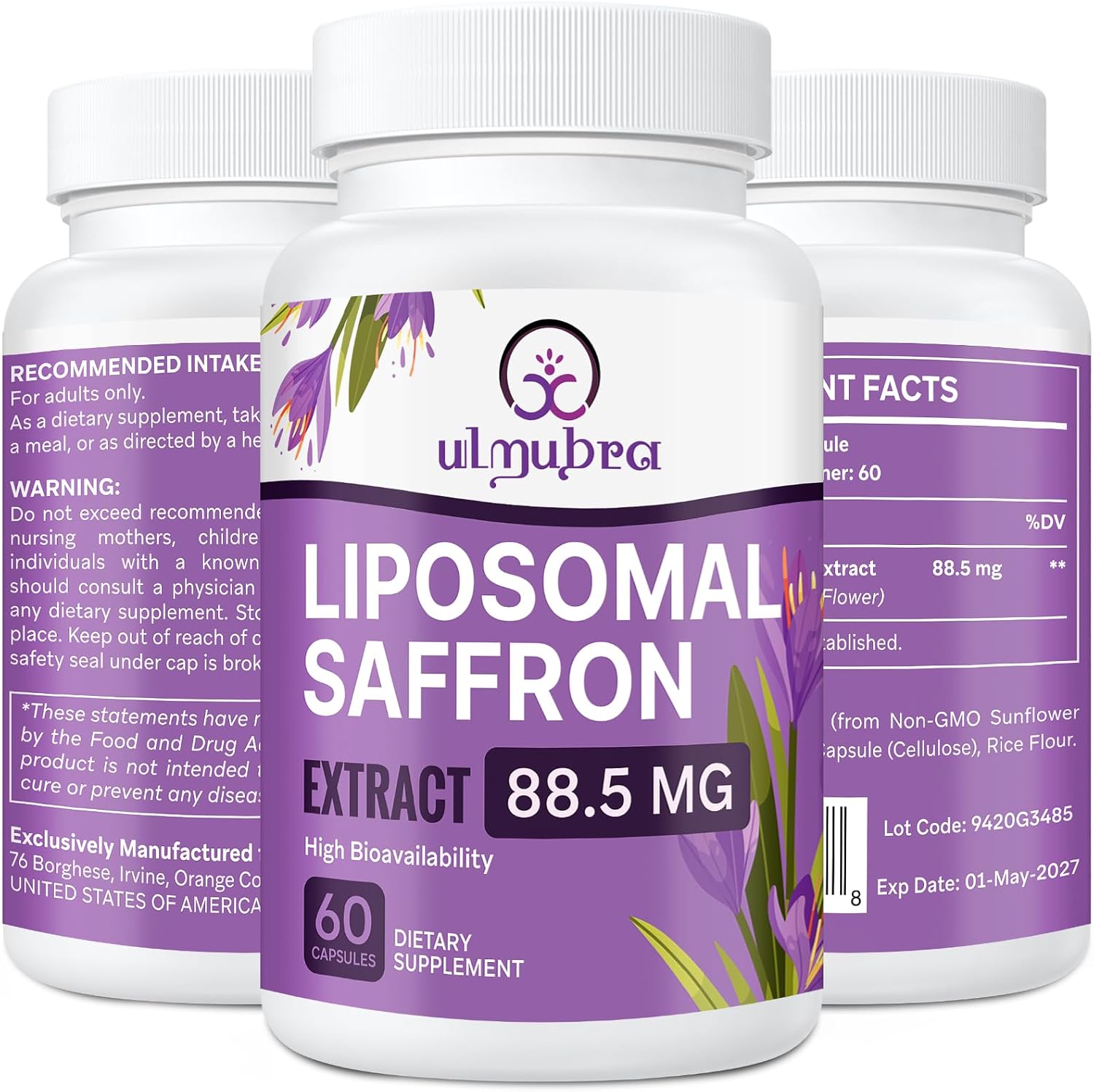 Premium Liposomal Saffron Supplements 88.5 mg - High Absorption 100% Pure Extract Capsules - Mood, Energy, Vision & Focus Support - 60 Vegan Capsules