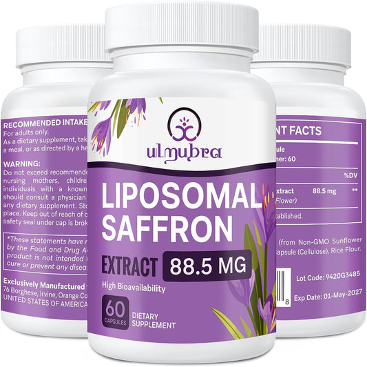 Premium Liposomal Saffron Supplements 88.5 mg - High Absorption 100% Pure Extract Capsules - Mood, Energy, Vision & Focus Support - 60 Vegan Capsules