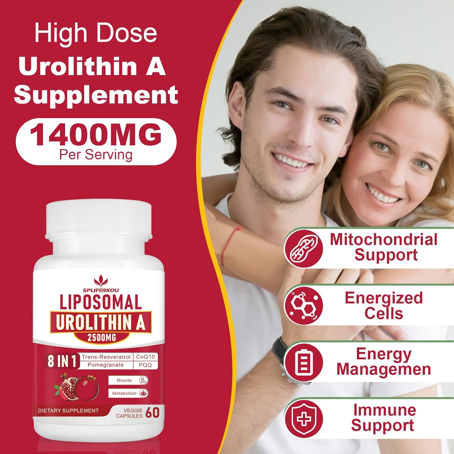 Premium Liposomal Urolithin A Supplement 2500mg with Resveratrol, CoQ10, Pomegranate Fruit Extract - Boost Cellular Energy, Gluten Free - 180 Capsules