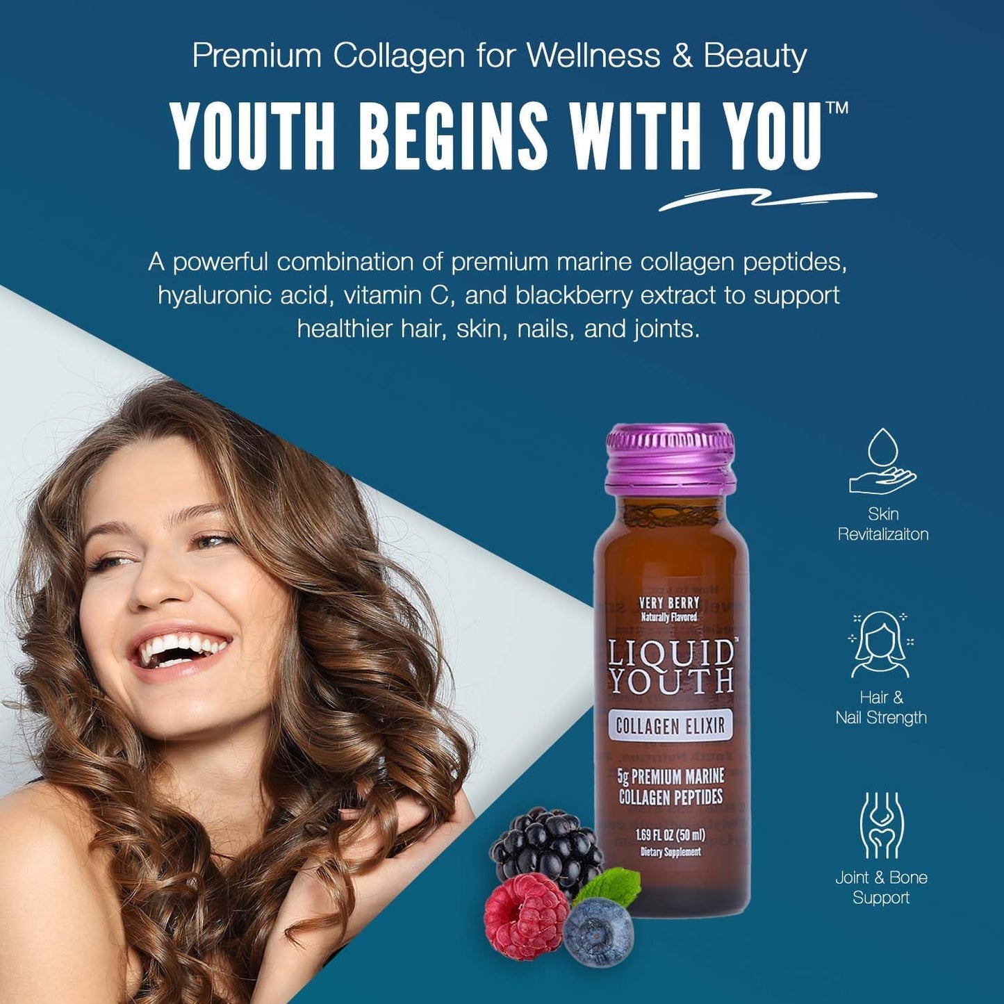 Premium Liquid Marine Collagen Shot for Hair, Skin, Nail, Bone & Joint Health - Very Berry Flavor - Travel-Friendly - 10 Servings