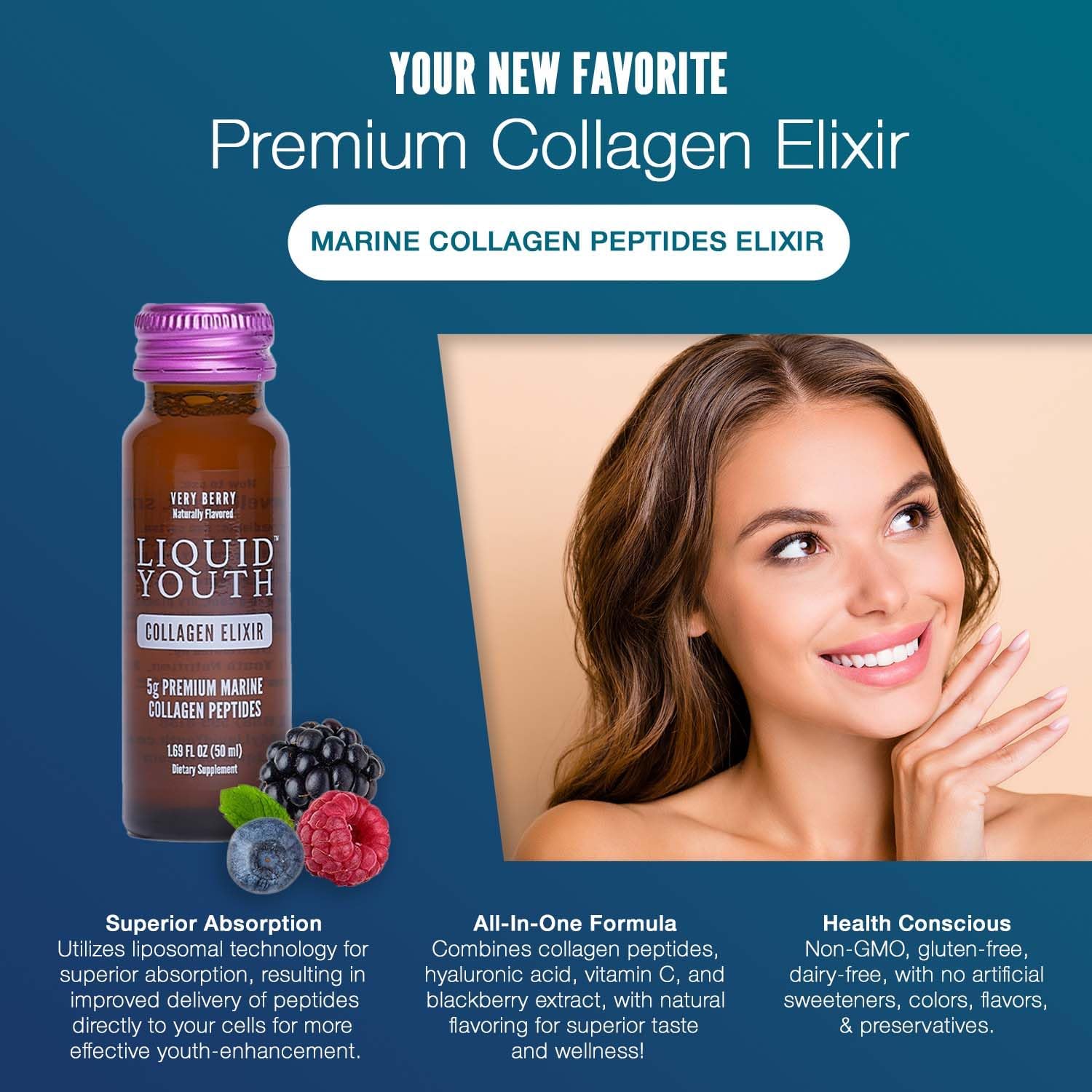 Premium Liquid Marine Collagen Shot for Hair, Skin, Nail, Bone & Joint Health - Very Berry Flavor - Travel-Friendly - 10 Servings