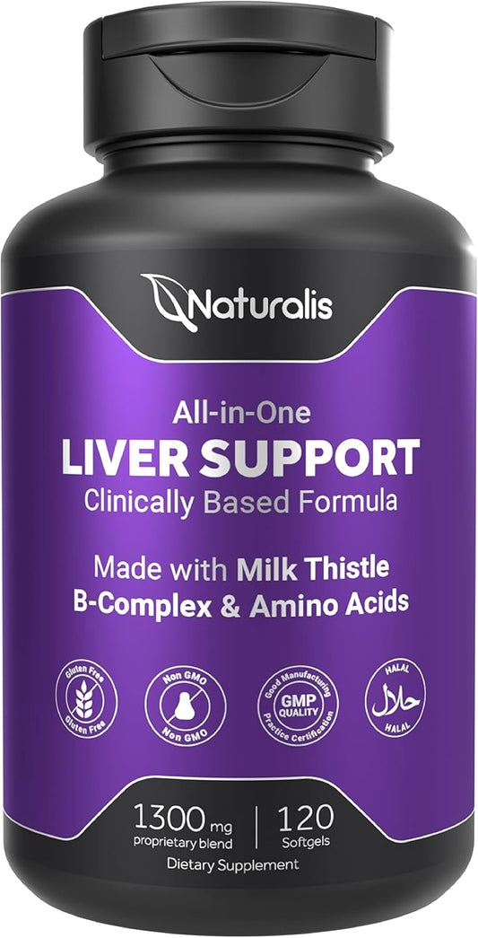 Premium Liver Support Supplement with Naturalis Silymarin Milk Thistle 1300mg, B Complex, Amino Acids - 13-in-1 Liver Cleanse, Detox, Repair - 120 Softgels