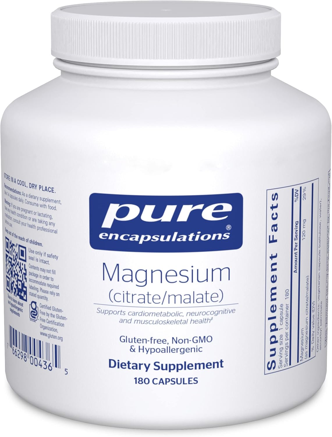 Premium Magnesium Citrate/Malate Supplement for Energy, Bone & Heart Health - 180 Capsules - Supports Nutrient Utilization - Pure Encapsulations