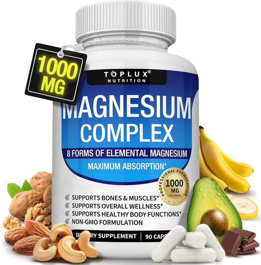 Premium Magnesium Complex Supplement 1000mg - 8 Elemental Magnesium Types for Easy Absorption - Supports Bone, Muscle, Recovery, Energy - Vegan Non-GMO 90 Capsules