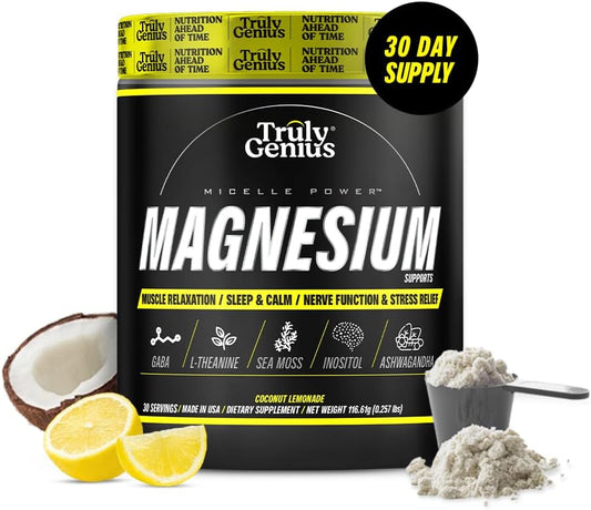 Premium Magnesium Glycinate Powder with L-Theanine, Ashwagandha, Valerian Root for Muscle Repair - High Absorption - 30 Servings - Coconut Lemonade Flavor