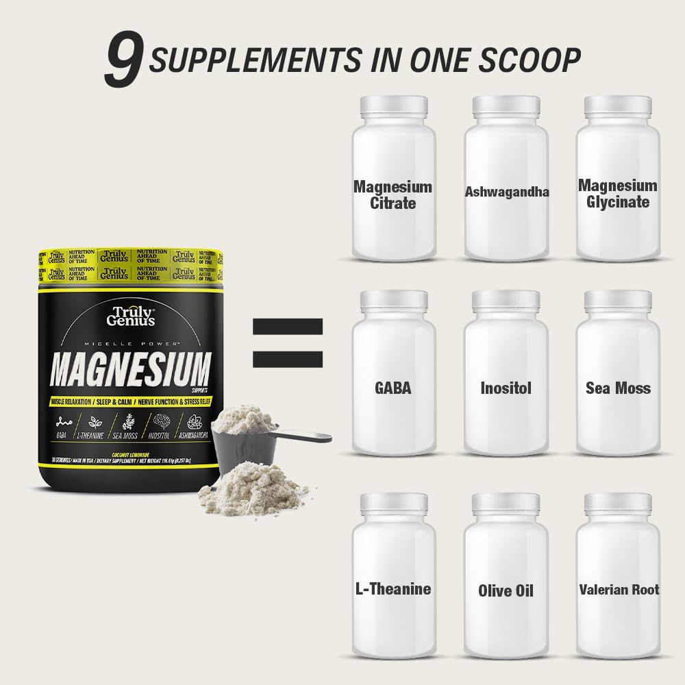Premium Magnesium Glycinate Powder with L-Theanine, Ashwagandha, Valerian Root for Muscle Repair - High Absorption - 30 Servings - Coconut Lemonade Flavor