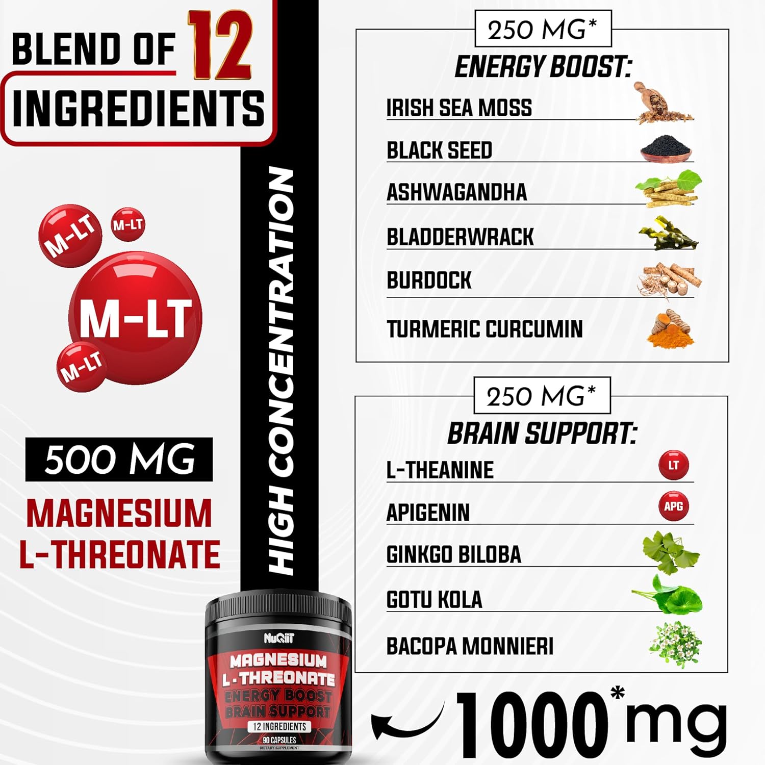 Premium Magnesium L-Threonate 1000mg Capsules with Irish Sea Moss, L-Theanine - Boost Mood, Brain Health, Memory, Focus - 90 Count