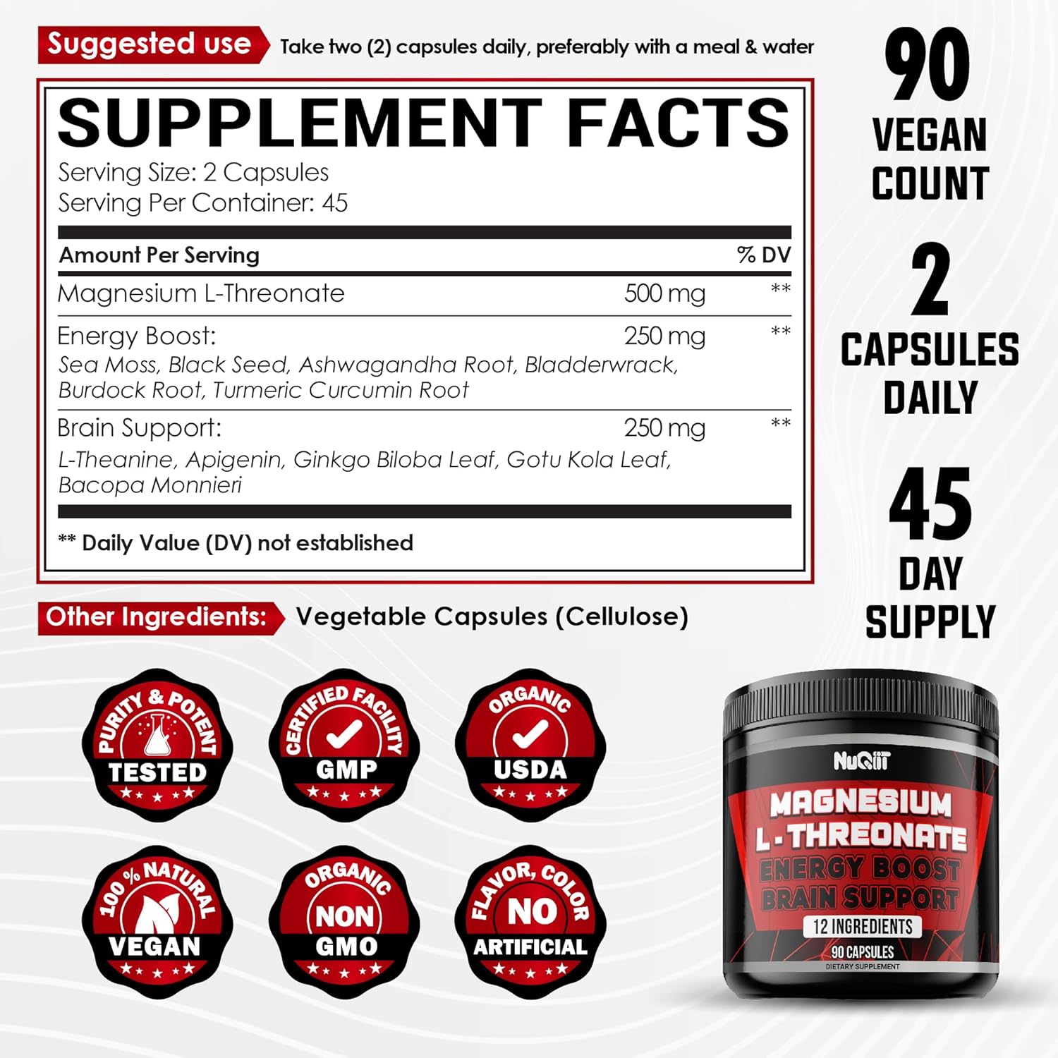 Premium Magnesium L-Threonate 1000mg Capsules with Irish Sea Moss, L-Theanine - Boost Mood, Brain Health, Memory, Focus - 90 Count