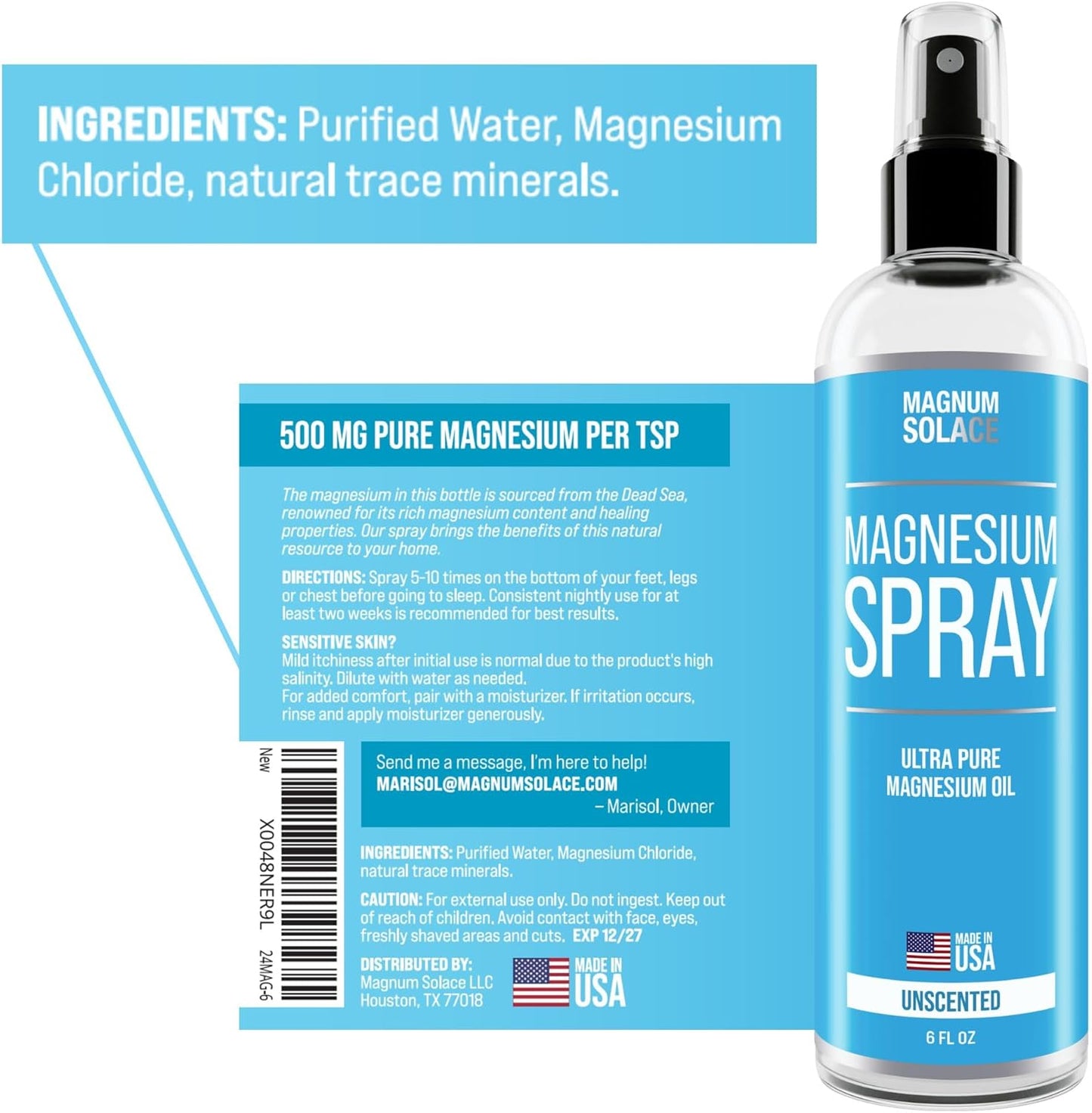 Premium Magnum Solace Magnesium Oil Spray - USP Grade, 6 oz - Made in USA Since 2008