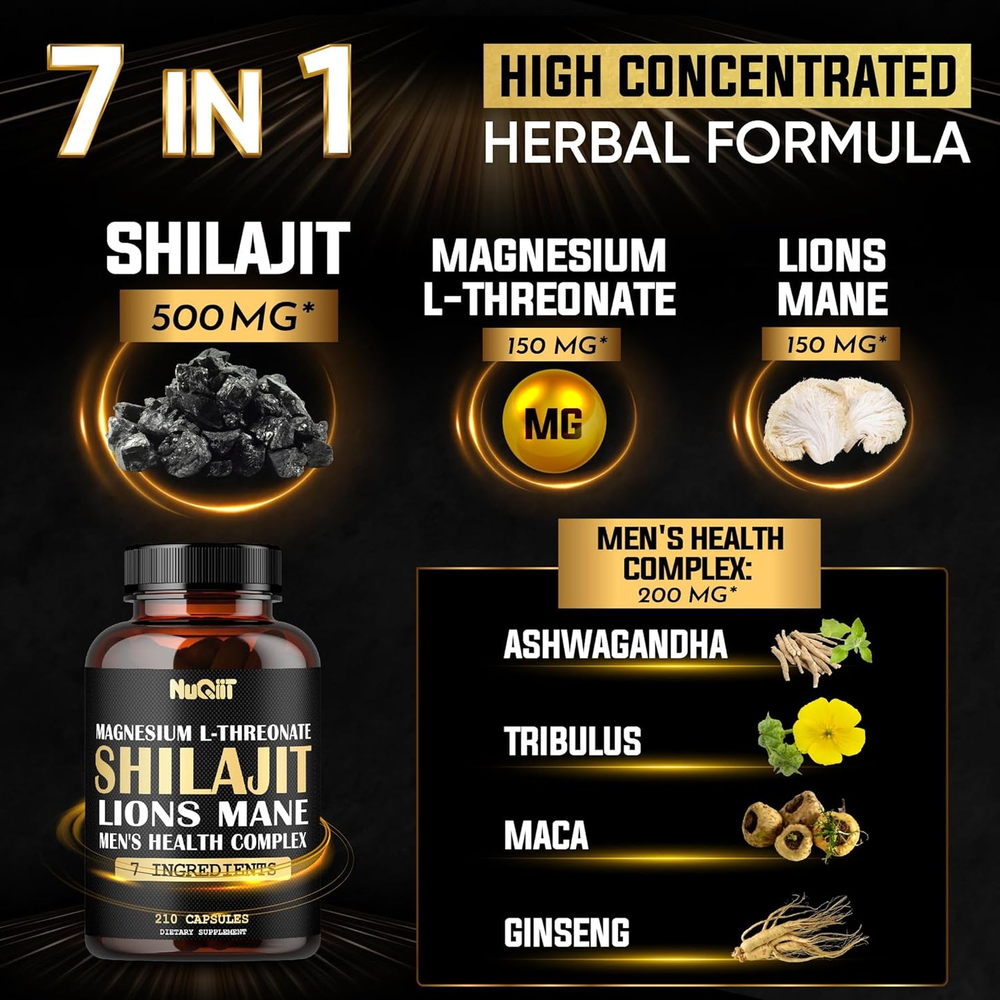 Premium Male's Health Complex Capsules with Magnesium L-Threonate, Lions Mane, Shilajit, Ashwagandha, Maca Root & More - 210 Capsules for Immune, Brain Health, Energy