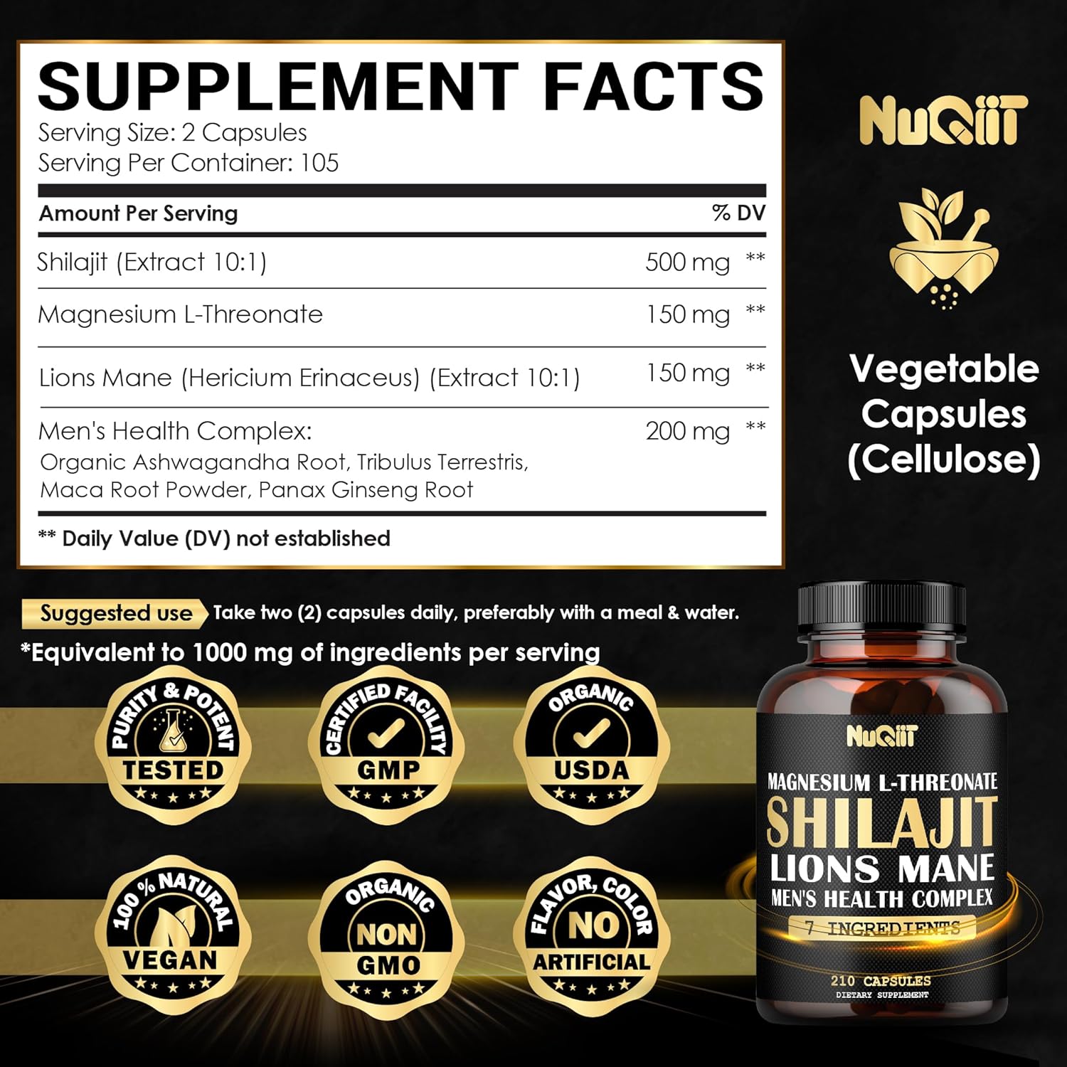 Premium Male's Health Complex Capsules with Magnesium L-Threonate, Lions Mane, Shilajit, Ashwagandha, Maca Root & More - 210 Capsules for Immune, Brain Health, Energy