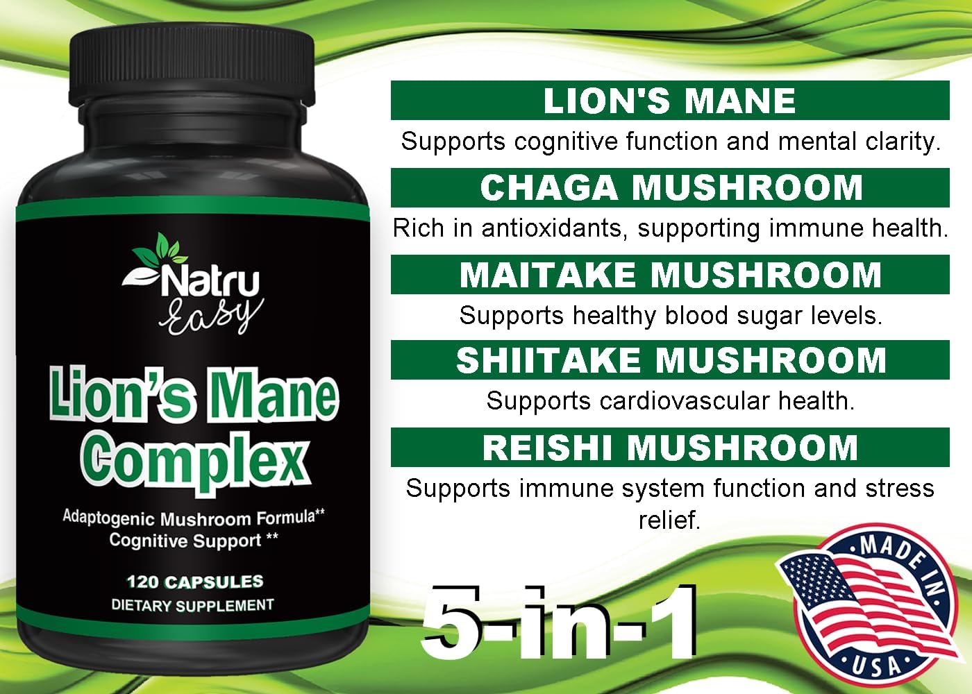 Premium Max Strength 5 in 1 Lion's Mane Complex - Non GMO Formula - 4 Months Supply - Adaptogenic Mushroom Blend - 3rd Party Tested - USA Made
