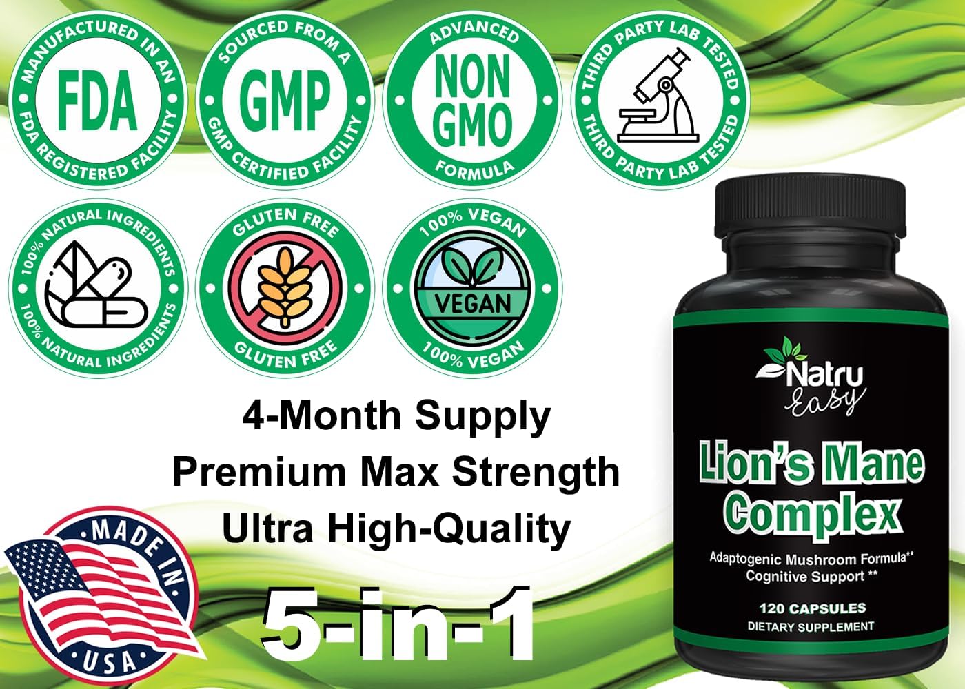 Premium Max Strength 5 in 1 Lion's Mane Complex - Non GMO Formula - 4 Months Supply - Adaptogenic Mushroom Blend - 3rd Party Tested - USA Made