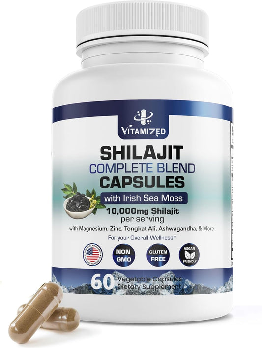 Premium Men's Vitality Supplement - 10,000mg Pure Himalayan Shilajit with Ashwagandha, Tongkat Ali, Sea Moss & More | Boost Stamina, Metabolism & Energy - 60 Capsules