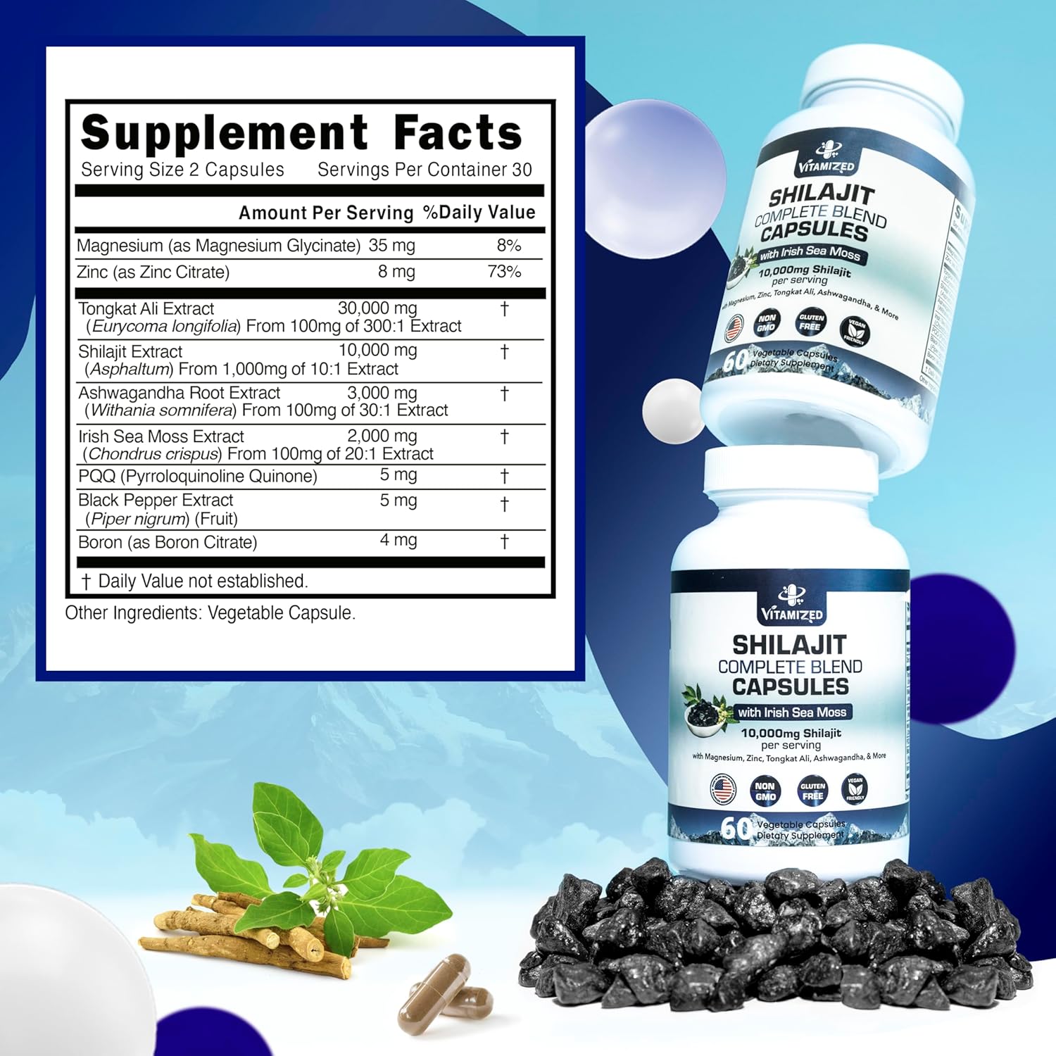 Premium Men's Vitality Supplement - 10,000mg Pure Himalayan Shilajit with Ashwagandha, Tongkat Ali, Sea Moss & More | Boost Stamina, Metabolism & Energy - 60 Capsules