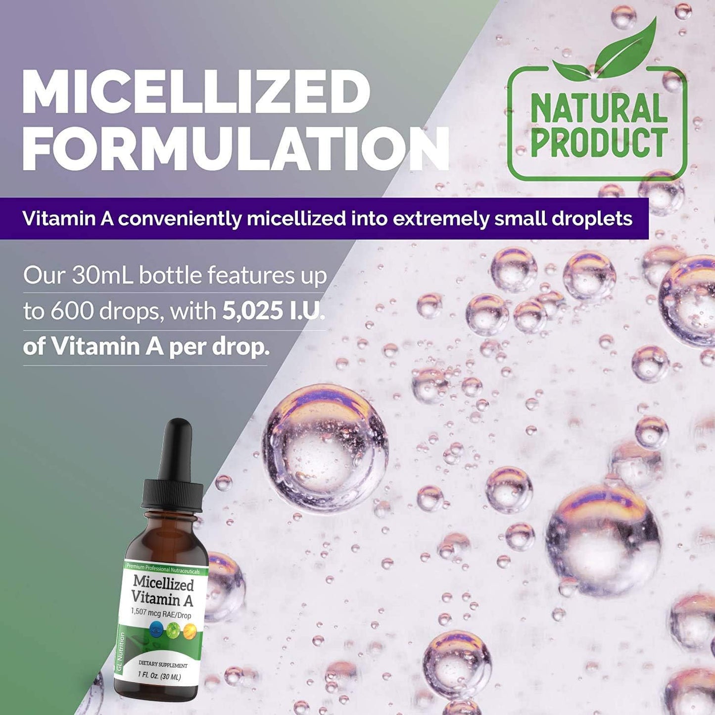 Premium Micellized Vitamin A Drops for Men & Women - Liquid Palmitate & Beta Carotene Supplement - 1,507mcg RAE - 5025IU per Drop - 1 Oz - Great Lakes Nutrition