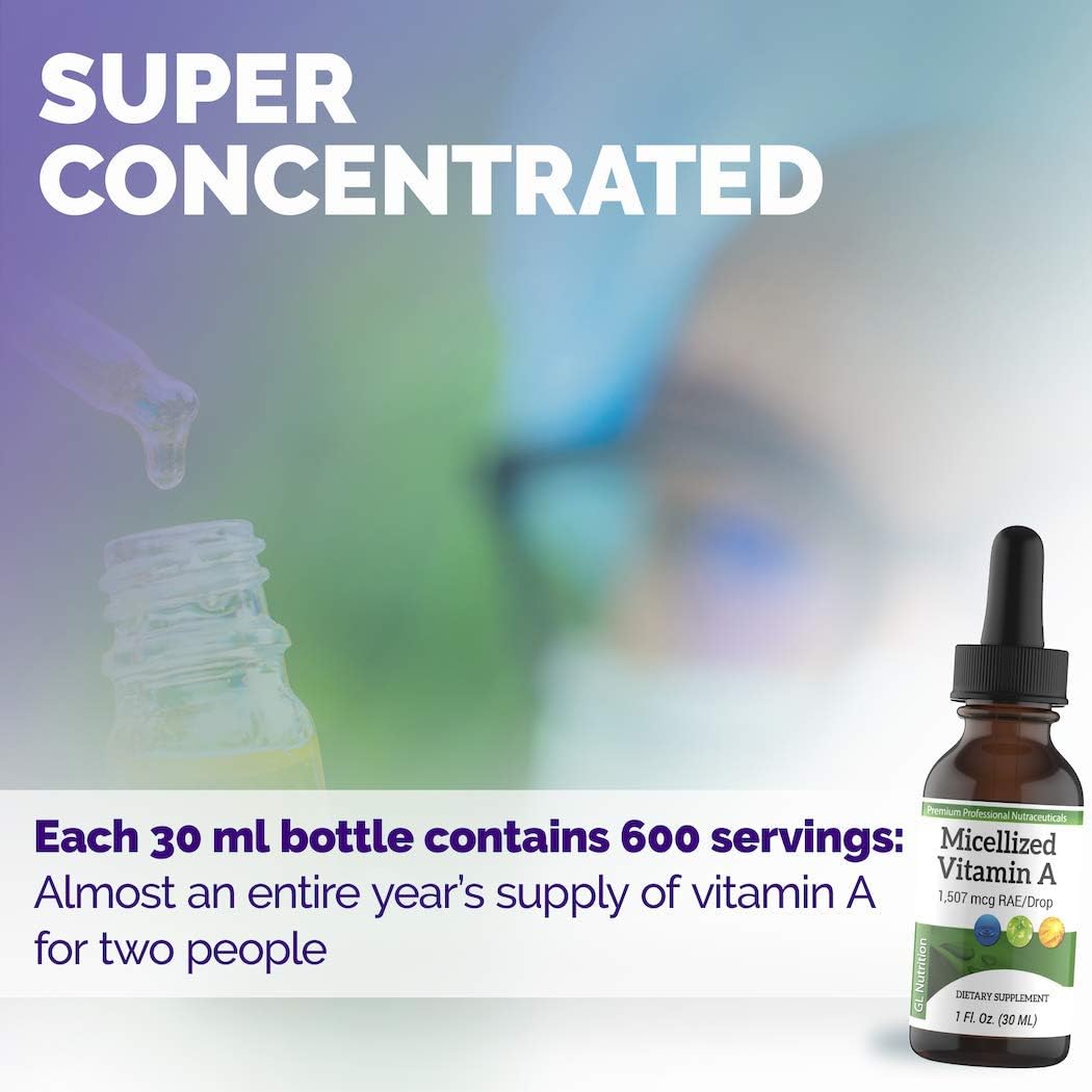 Premium Micellized Vitamin A Drops for Men & Women - Liquid Palmitate & Beta Carotene Supplement - 1,507mcg RAE - 5025IU per Drop - 1 Oz - Great Lakes Nutrition