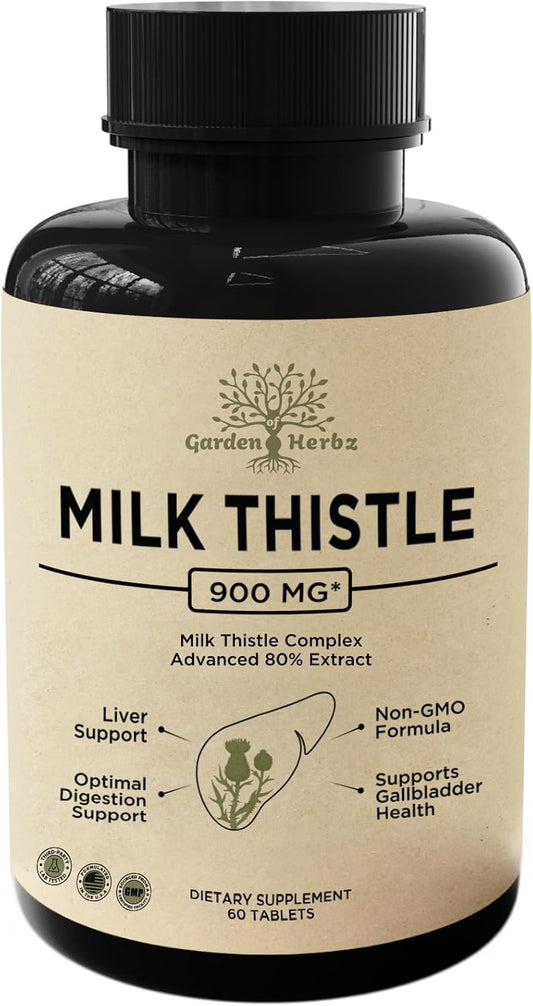 Premium Milk Thistle 900MG Liver & Kidney Support Tablets for Detox & Digestive Health - Non-GMO Formula - 60 Count