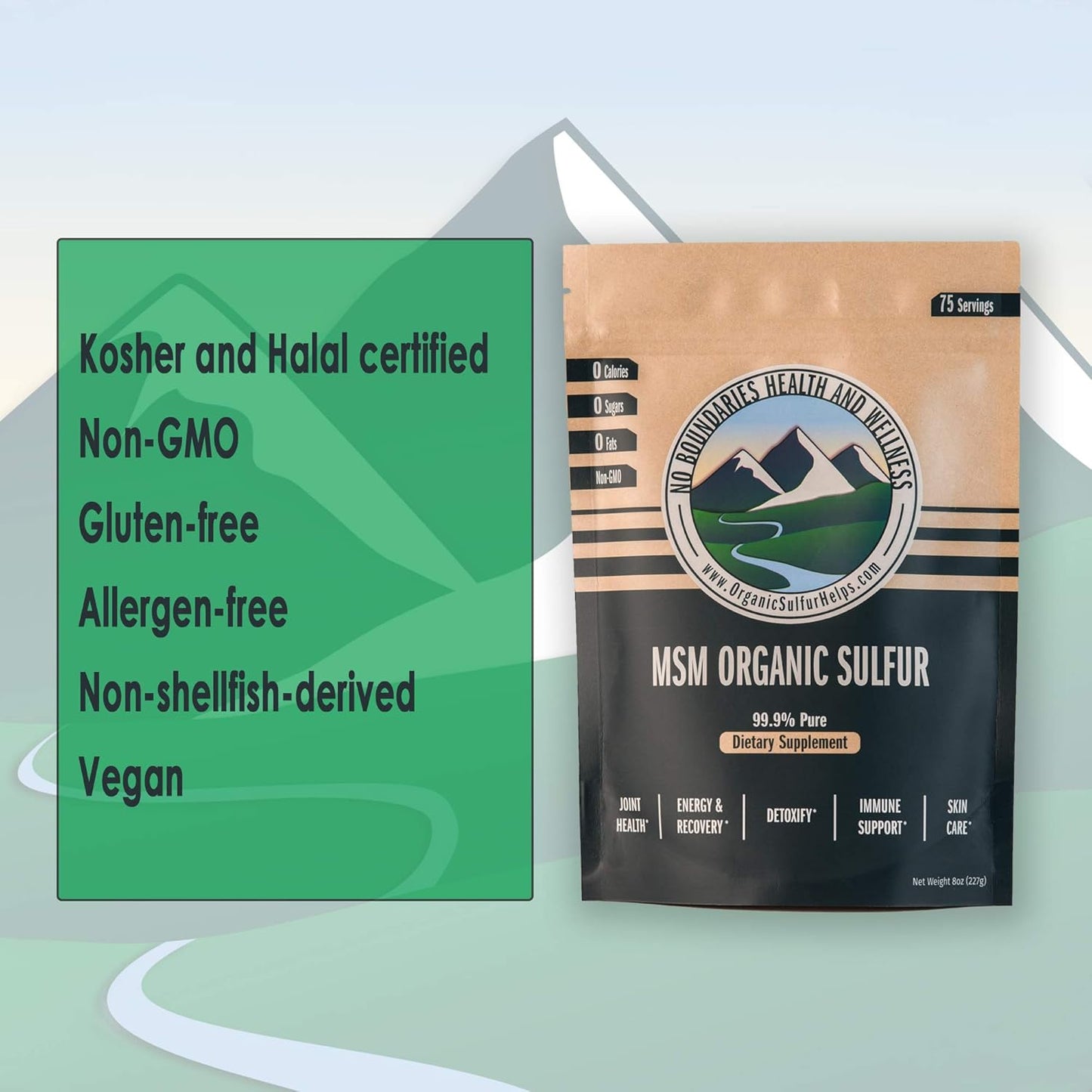 Premium MSM Organic Sulfur Crystals for Joint Pain, Allergies, Skin, Hair & Nails - 99.9% Pure Supplement by No Boundaries Health