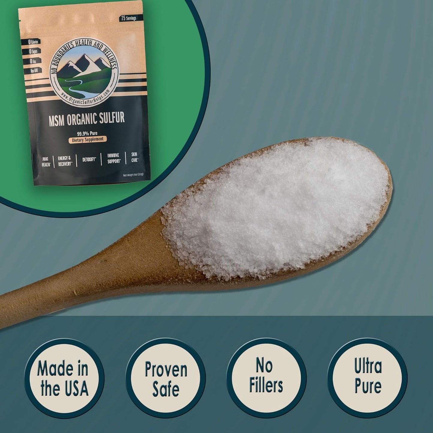 Premium MSM Organic Sulfur Crystals for Joint Pain, Allergies, Skin, Hair & Nails - 99.9% Pure Supplement by No Boundaries Health