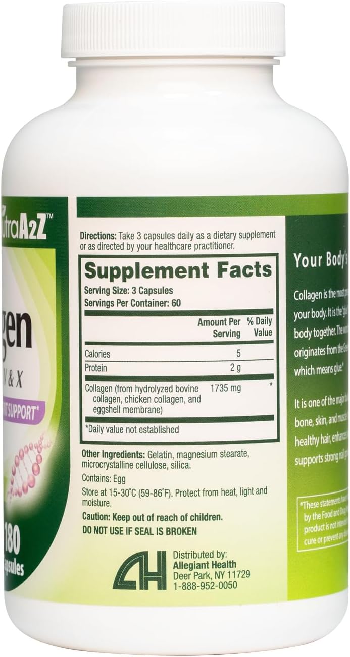 Premium Multi Collagen Capsules for Healthy Skin, Hair, Nails & Joints - 1735mg (60 Servings) - Types I, II, III, V & X - NutraA2Z