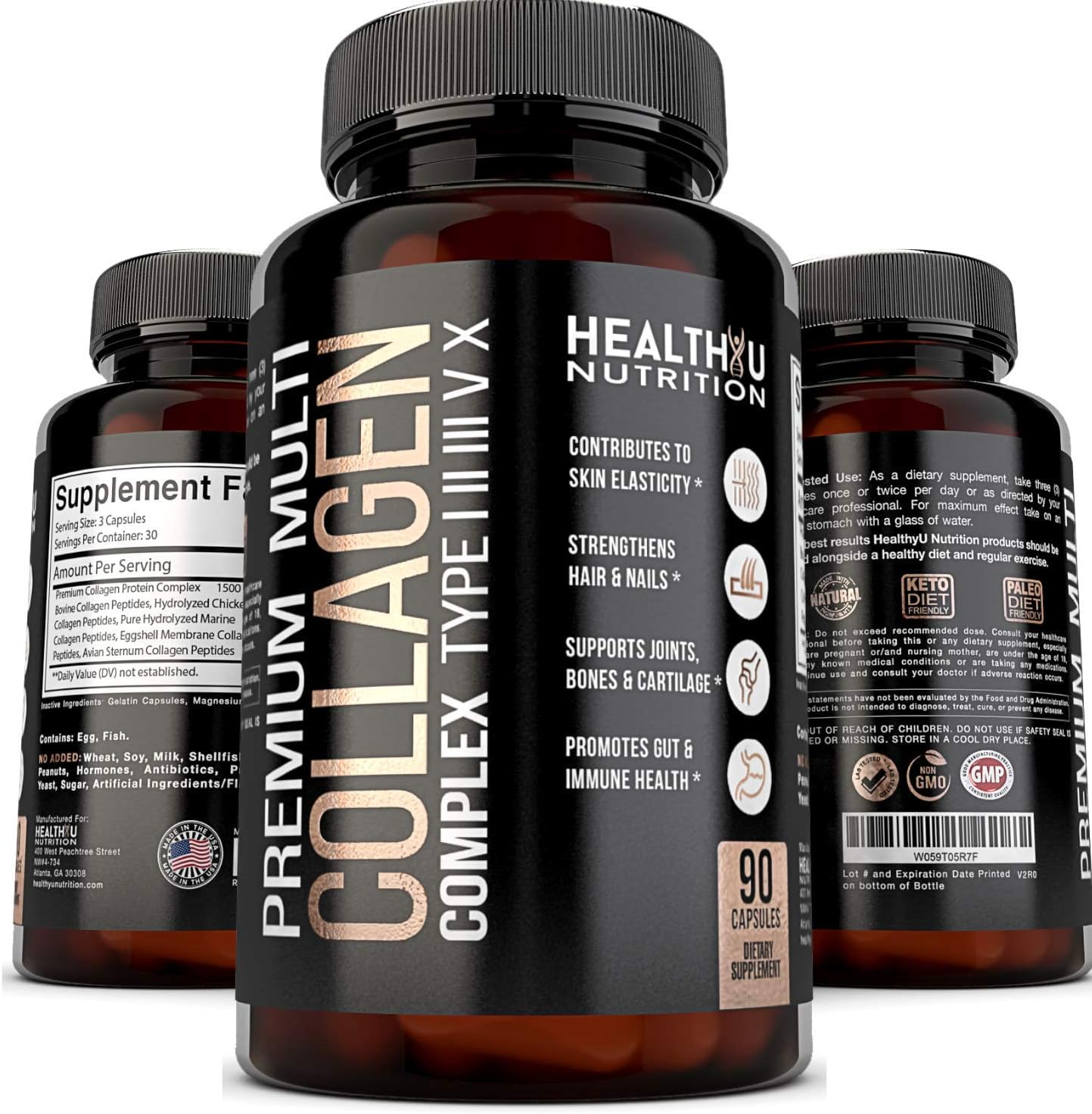 Premium Multi Collagen Peptides Capsules - Hydrolyzed Collagen for Skin, Hair, Nails - Supports Bones, Joints, Muscles - 90 Capsules - Men & Women Types 1 2 3 5 10