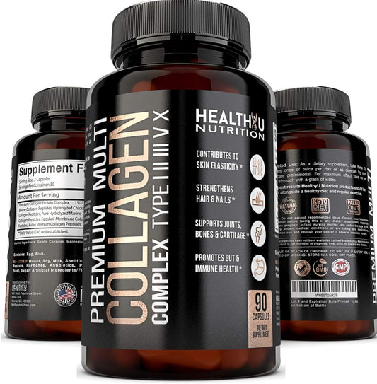 Premium Multi Collagen Peptides Capsules - Hydrolyzed Collagen for Skin, Hair, Nails - Supports Bones, Joints, Muscles - 90 Capsules - Men & Women Types 1 2 3 5 10