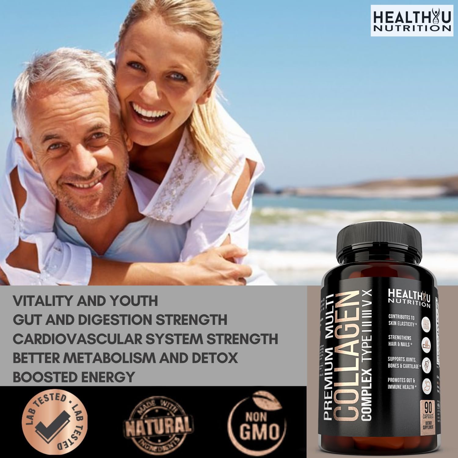 Premium Multi Collagen Peptides Capsules - Hydrolyzed Collagen for Skin, Hair, Nails - Supports Bones, Joints, Muscles - 90 Capsules - Men & Women Types 1 2 3 5 10