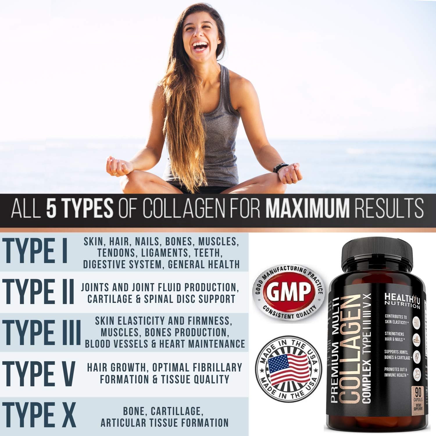 Premium Multi Collagen Peptides Capsules - Hydrolyzed Collagen for Skin, Hair, Nails - Supports Bones, Joints, Muscles - 90 Capsules - Men & Women Types 1 2 3 5 10