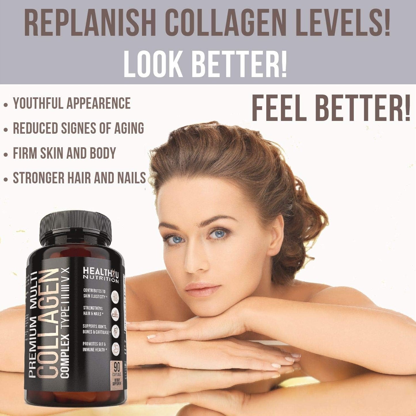 Premium Multi Collagen Peptides Capsules - Hydrolyzed Collagen for Skin, Hair, Nails - Supports Bones, Joints, Muscles - 90 Capsules - Men & Women Types 1 2 3 5 10