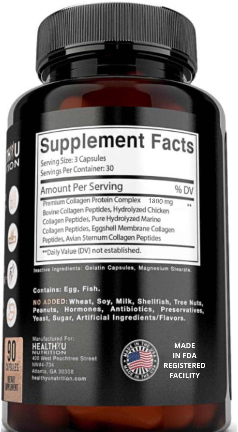 Premium Multi Collagen Peptides Capsules - Hydrolyzed Collagen for Skin, Hair, Nails - Supports Bones, Joints, Muscles - 90 Capsules - Men & Women Types 1 2 3 5 10