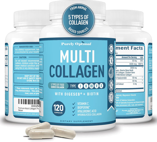 Premium Multi Collagen Peptides Capsules with Vitamin C, Hyaluronic Acid, Biotin - Skin Care, Hair Growth, Nails & Joints - Types I, II, III, V, X - 120 Count