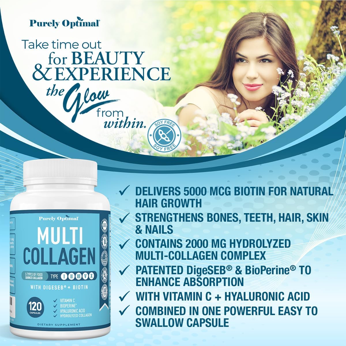 Premium Multi Collagen Peptides Capsules with Vitamin C, Hyaluronic Acid, Biotin - Skin Care, Hair Growth, Nails & Joints - Types I, II, III, V, X - 120 Count