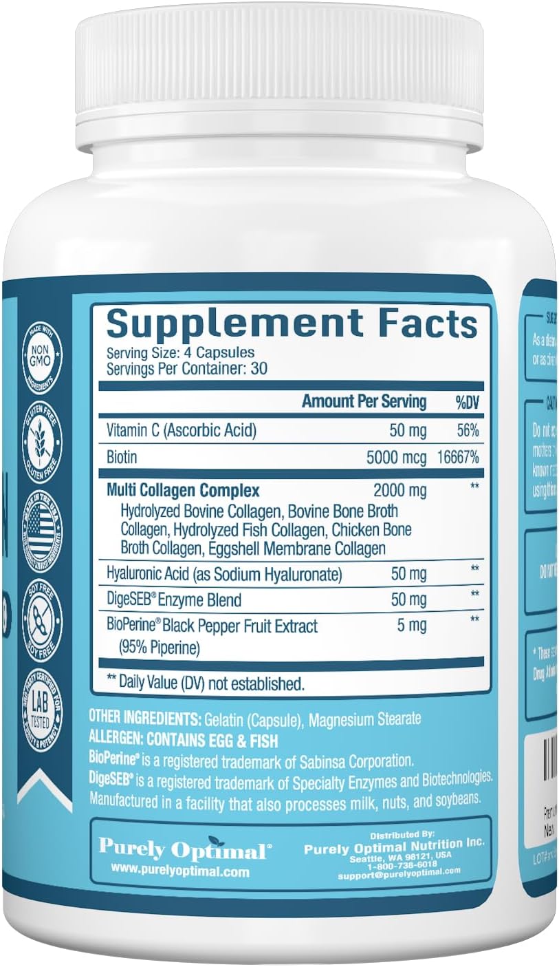 Premium Multi Collagen Peptides Capsules with Vitamin C, Hyaluronic Acid, Biotin - Skin Care, Hair Growth, Nails & Joints - Types I, II, III, V, X - 120 Count
