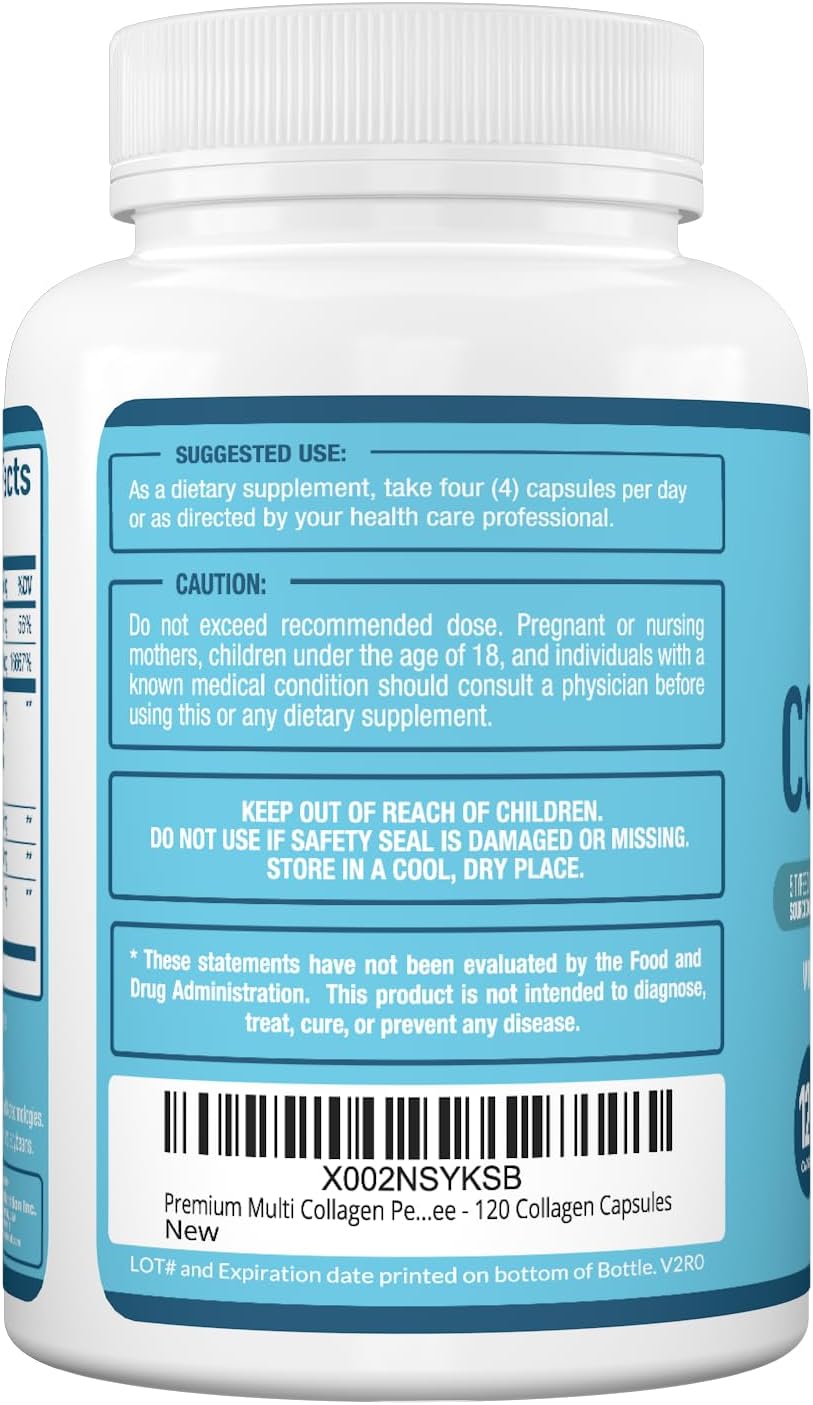 Premium Multi Collagen Peptides Capsules with Vitamin C, Hyaluronic Acid, Biotin - Skin Care, Hair Growth, Nails & Joints - Types I, II, III, V, X - 120 Count