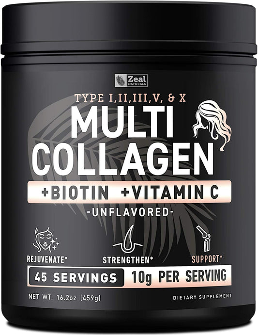 Premium Multi Collagen Peptides Protein Powder with Vitamin C, Biotin, Hyaluronic Acid for Hair Skin and Nails - Marine, Bovine, Chicken & Eggshell - Unflavored (45 Servings)