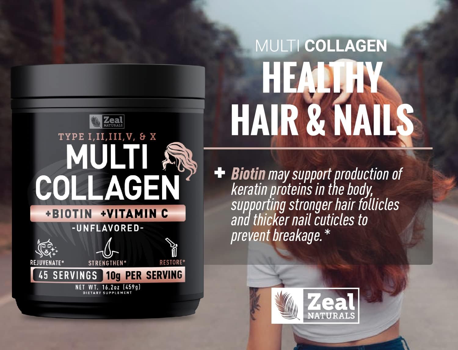 Premium Multi Collagen Peptides Protein Powder with Vitamin C, Biotin, Hyaluronic Acid for Hair Skin and Nails - Marine, Bovine, Chicken & Eggshell - Unflavored (45 Servings)