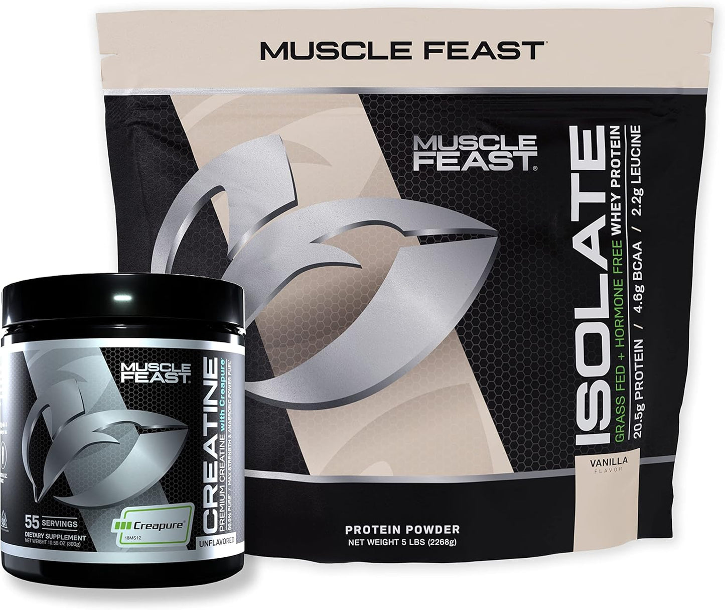 Premium Muscle Feast Creatine + Isolate Bundle: Unflavored 300g Powder + Vanilla 5lb Whey Protein Isolate | Vegetarian & Gluten-Free