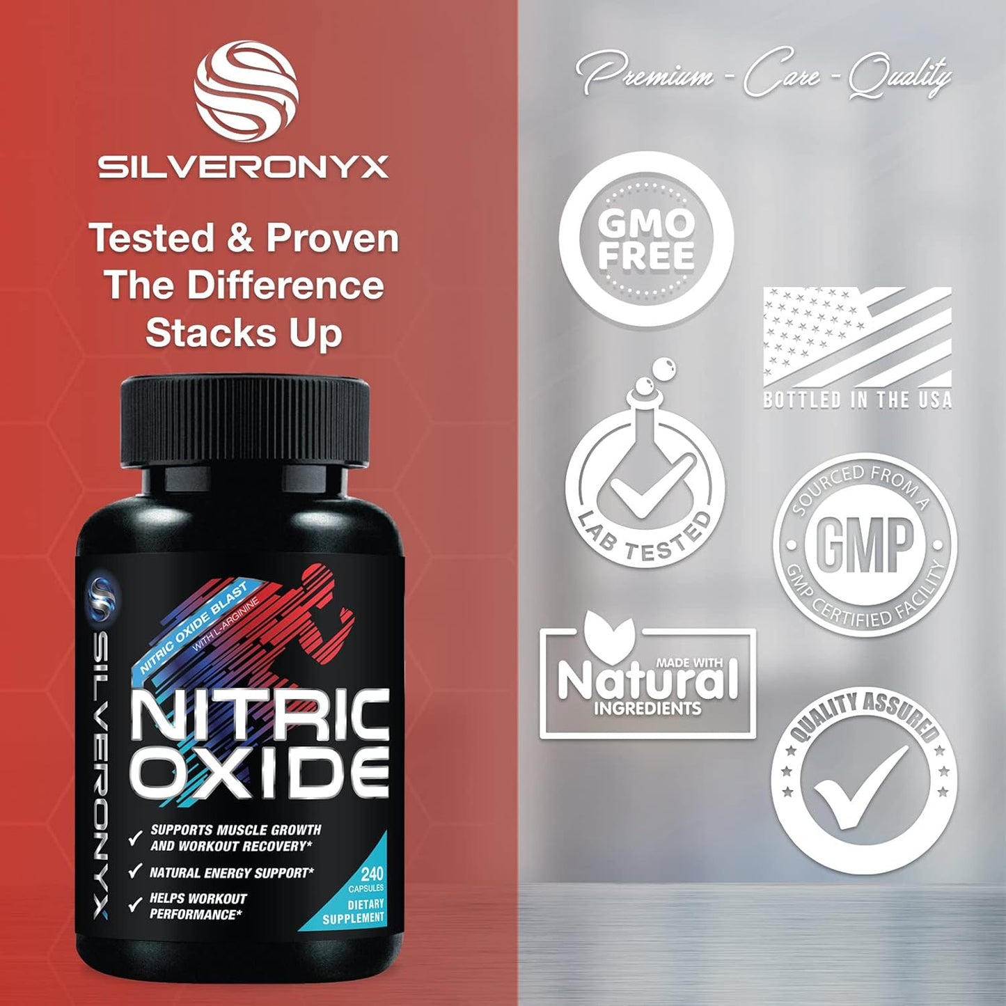 Premium Muscle Support Nitric Oxide Booster with L-Arginine, Citrulline Malate, AAKG, Beta Alanine - 3X Strength Formula for Energy & Strength - 240 Capsules by SILVERONYX