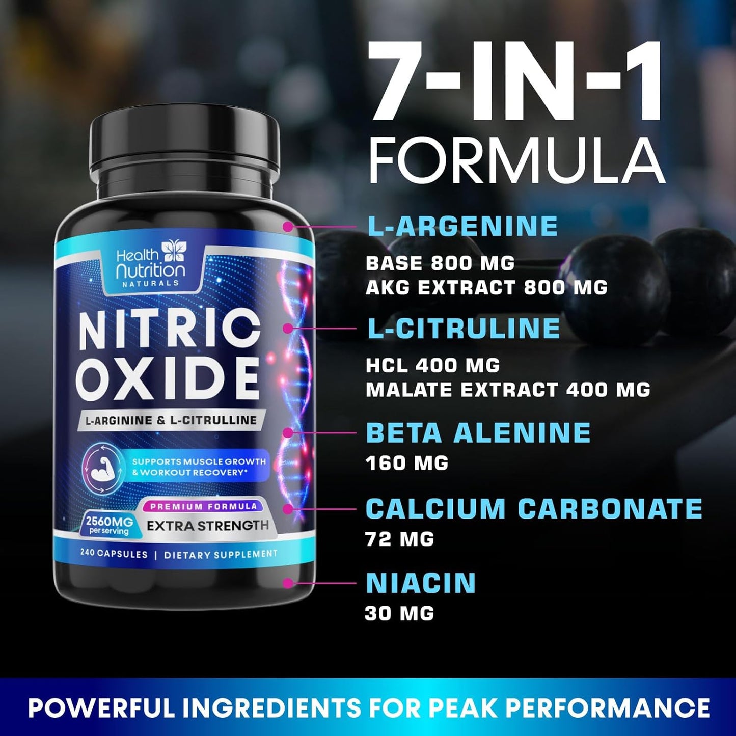Premium Muscle Support Nitric Oxide Supplement - Extra Strength L-Arginine Blend with Citrulline Malate, AAKG, and Beta Alanine - Boost Energy & Strength for Intense Workouts - 240 Capsules