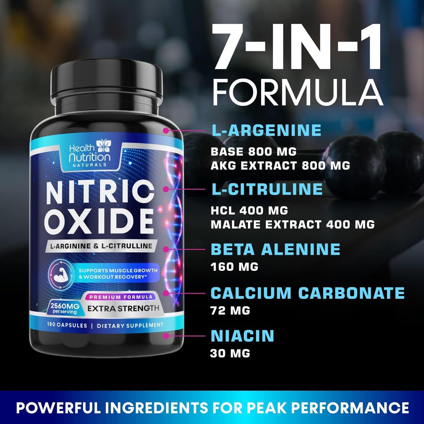 Premium Muscle Supporting Nitric Oxide Supplement - Extra Strength L-Arginine Blend with Citrulline Malate, AAKG, Beta Alanine - Boost Energy & Strength for Intense Workouts - 180 Capsules