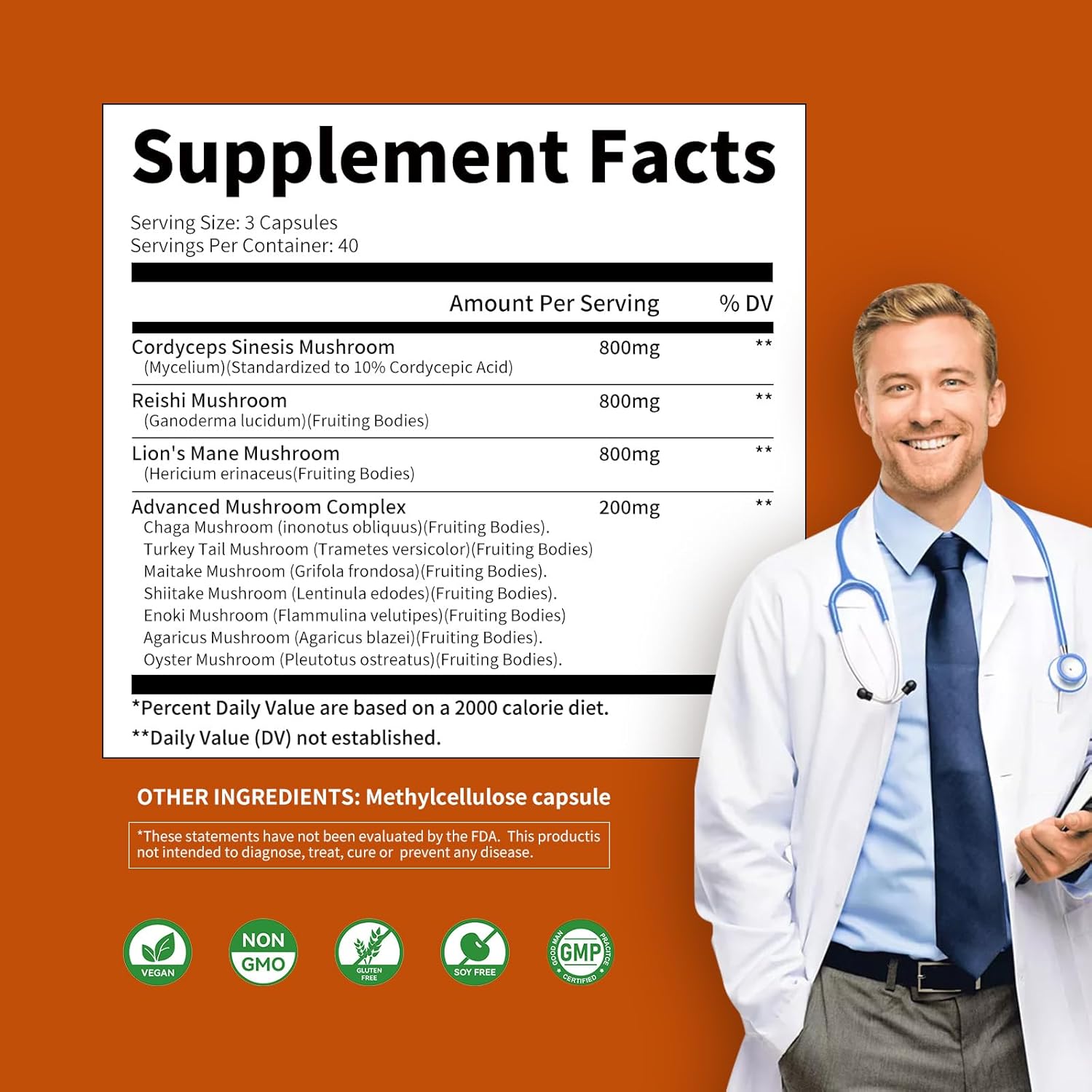 Premium Mushroom Complex Supplement 2600mg, 120 Capsules - 10 Blend of Reishi, Lions Mane, Cordyceps, Chaga, Turkey Tail, Maitake, Shiitake, Oyster - Nootropic Brain, Energy, Focus Pills for Optimal Health.
