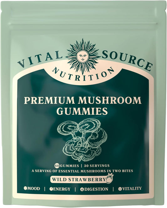 Premium Mushroom Gummies for Vitality, Digestion, and Energy Support - 10 Types of Mushrooms - Vegan, Gluten-Free, Halal - Wild Strawberry - 60 Gummies