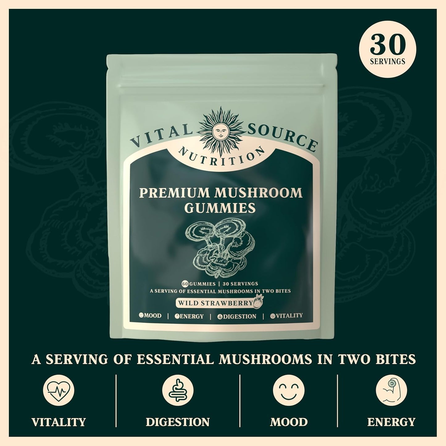 Premium Mushroom Gummies for Vitality, Digestion, and Energy Support - 10 Types of Mushrooms - Vegan, Gluten-Free, Halal - Wild Strawberry - 60 Gummies