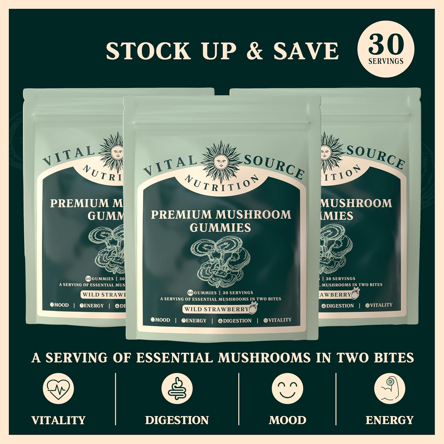 Premium Mushroom Gummies for Vitality, Digestion, and Energy Support - 10 Types of Mushrooms - Vegan, Gluten-Free, Halal - Wild Strawberry - 60 Gummies